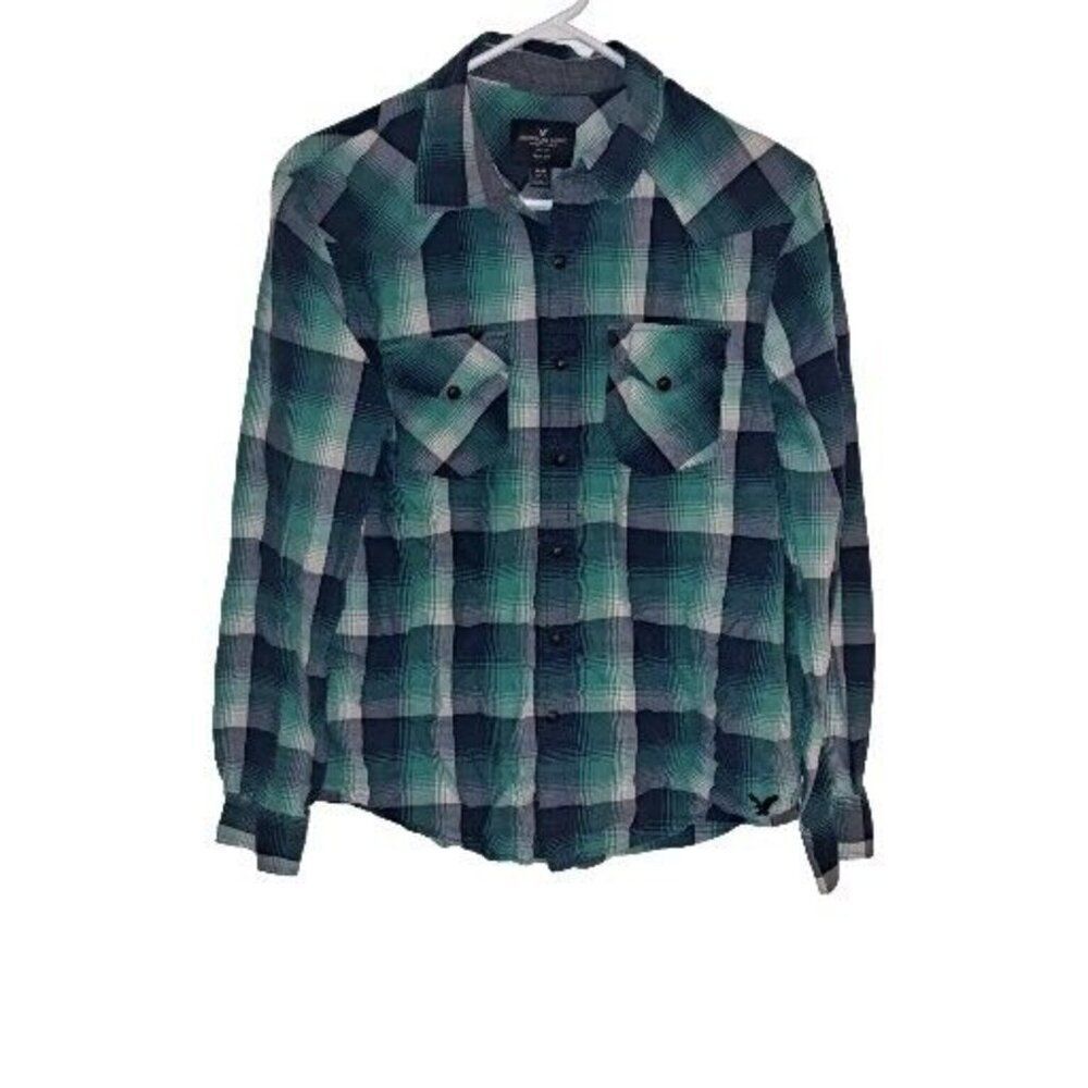 American Eagle Men Snap Button Medium Blue Green Long Sleeve Shirt
